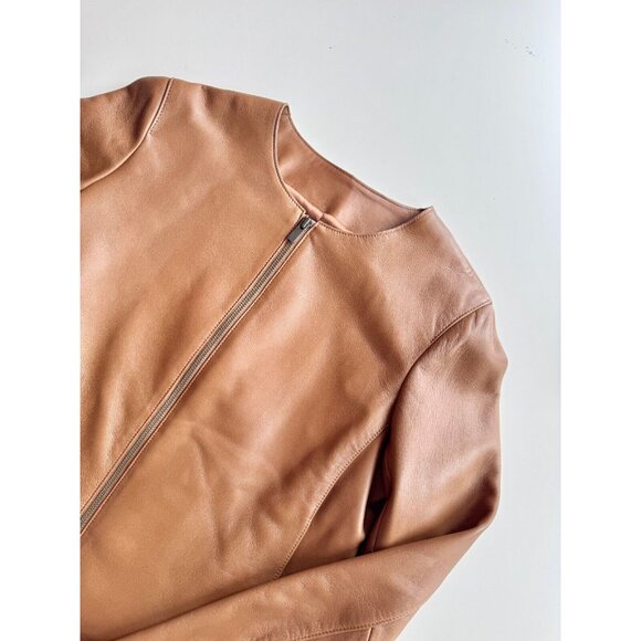 VINCE Saddle Brown Lamb Leather Zip Front Minimalist Collarless Jacket, Size S - Picture 5 of 16